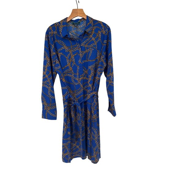 C. Wonder dress Blue Chain Print Long Sleeve tie belt shirtdress size large new - Picture 2 of 9